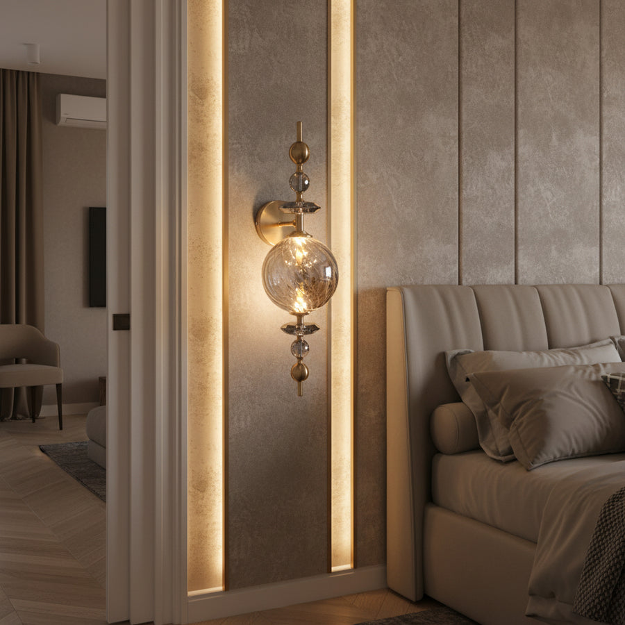 Modern Crystal Wall Light | Smoked Glass LED Sconce | Brass Finish | 3-Color LED Decorative Light