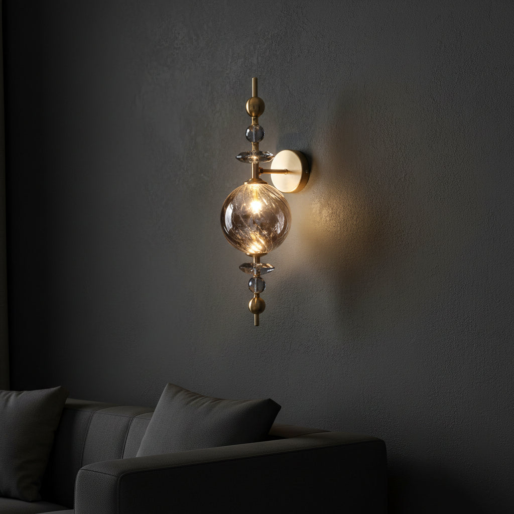 Modern Crystal Wall Light | Smoked Glass LED Sconce | Brass Finish | 3-Color LED Decorative Light