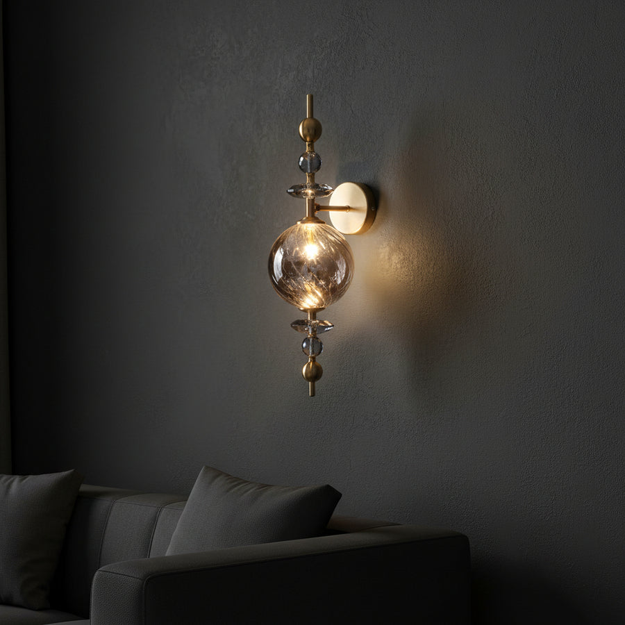 Modern Crystal Wall Light | Smoked Glass LED Sconce | Brass Finish | 3-Color LED Decorative Light