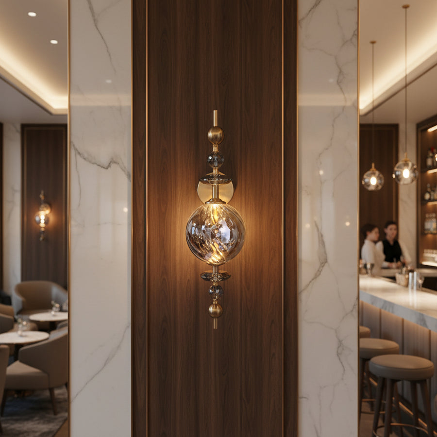 Modern Crystal Wall Light | Smoked Glass LED Sconce | Brass Finish | 3-Color LED Decorative Light