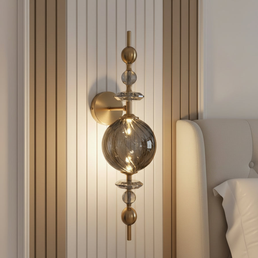 Modern Crystal Wall Light | Smoked Glass LED Sconce | Brass Finish | 3-Color LED Decorative Light