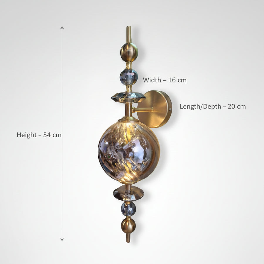 Modern Crystal Wall Light | Smoked Glass LED Sconce | Brass Finish | 3-Color LED Decorative Light