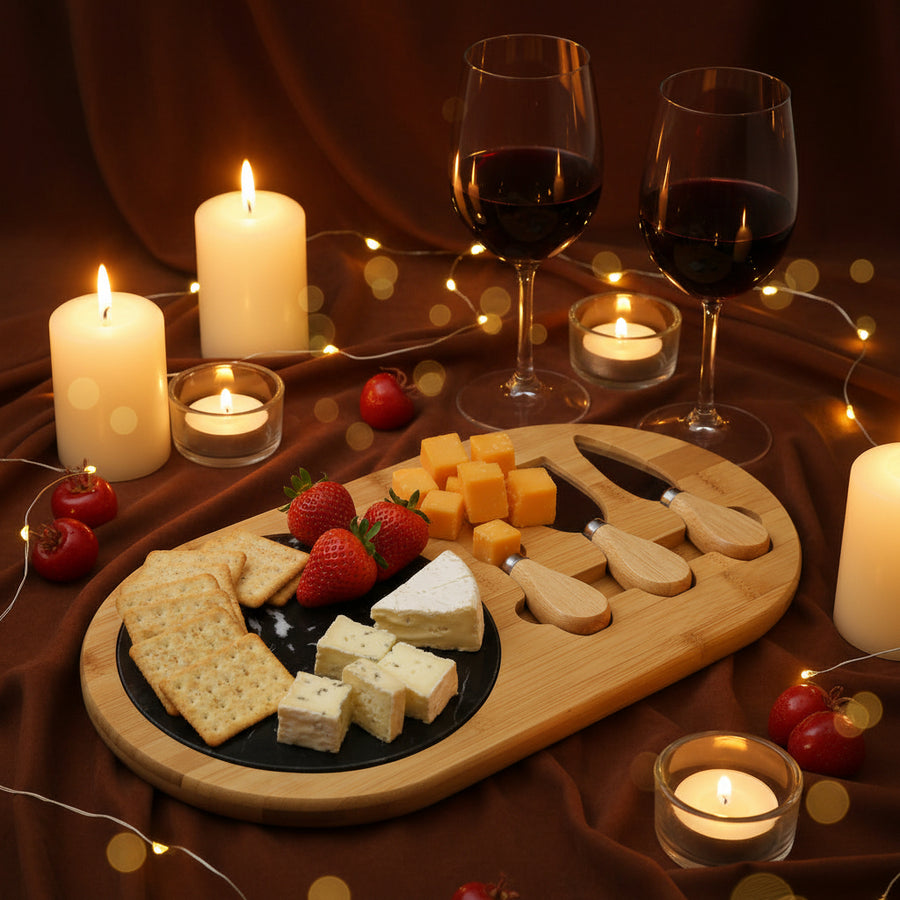 Bamboo Cheese Board Set with Marble & Knives Style 2