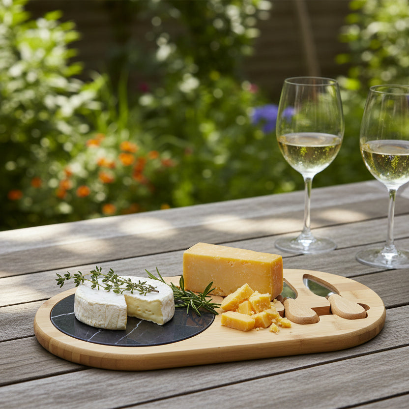 Bamboo Cheese Board Set with Marble & Knives Style 2