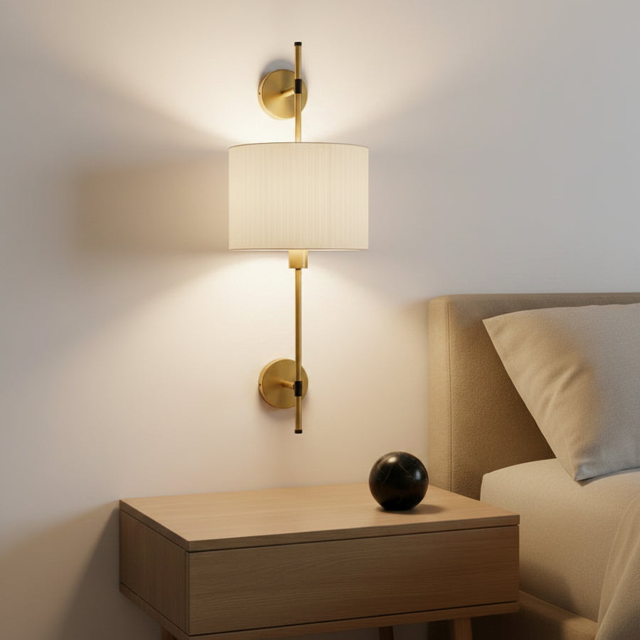 Modern Brass Wall Light with White Pleated Shade | E27 Decorative Wall Lamp