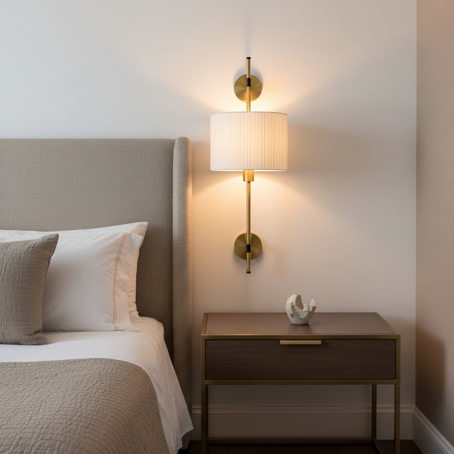 Modern Brass Wall Light with White Pleated Shade | E27 Decorative Wall Lamp