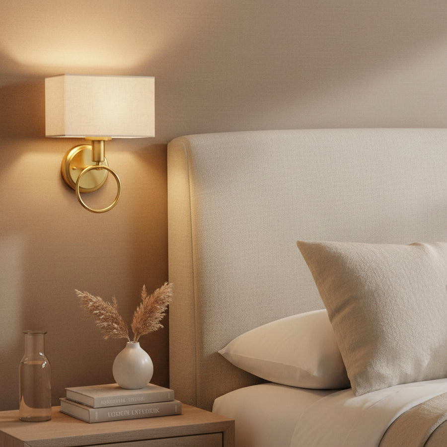Modern Brass Wall Light with Ring Handle & Fabric Shade | Decorative E27 Wall Lamp