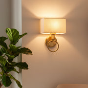 Modern Brass Wall Light with Ring Handle & Fabric Shade | Decorative E27 Wall Lamp