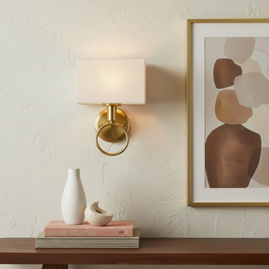 Modern Brass Wall Light with Ring Handle & Fabric Shade | Decorative E27 Wall Lamp