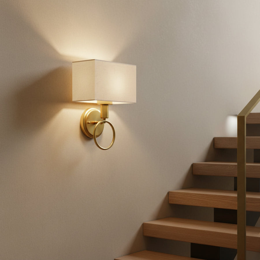 Modern Brass Wall Light with Ring Handle & Fabric Shade | Decorative E27 Wall Lamp