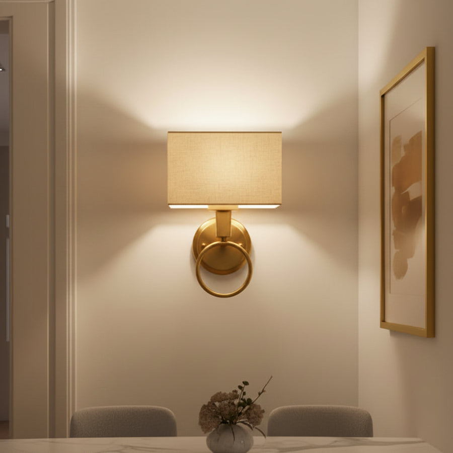 Modern Brass Wall Light with Ring Handle & Fabric Shade | Decorative E27 Wall Lamp