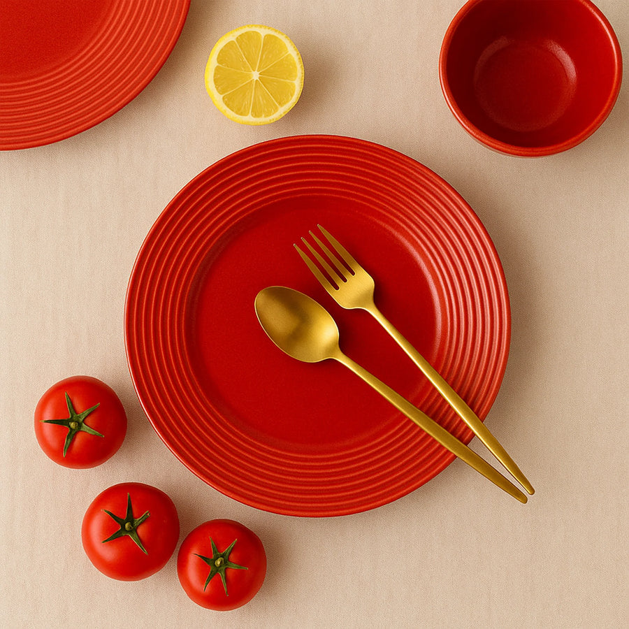 Coral Tree Red Ceramic Dinner Plate | Ribbed Texture Serving Plate | 26.8 cm