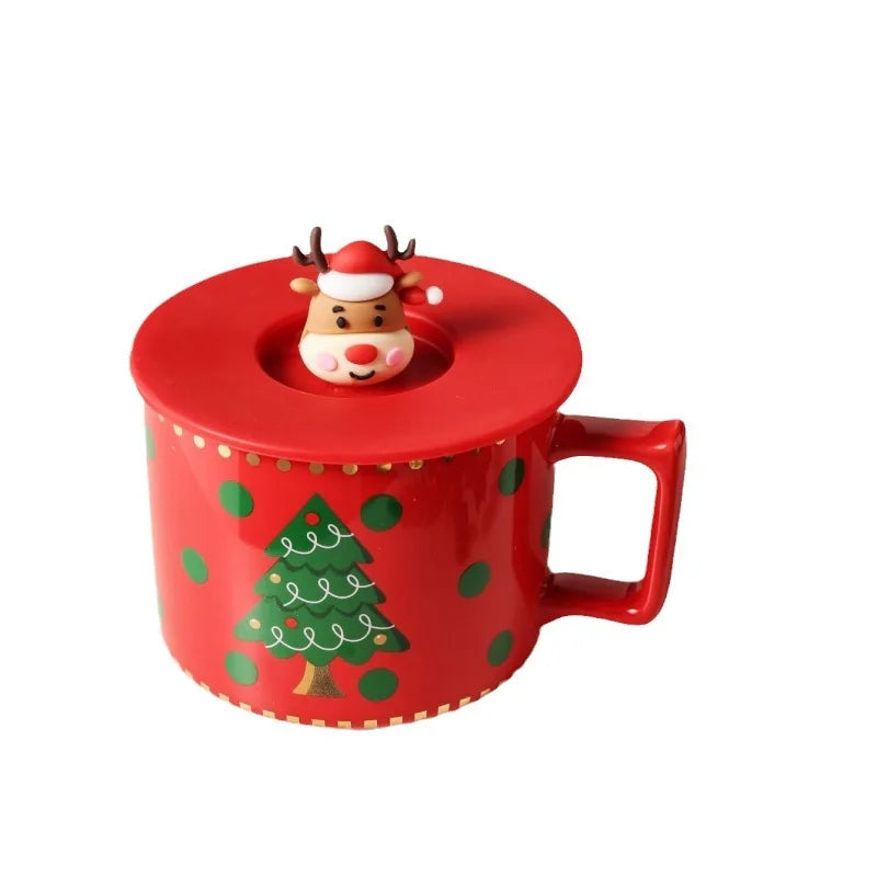 Christmas Ceramic Mug Set with 3D Lid – 300ml Festive Mug with Silicone Lid - RED
