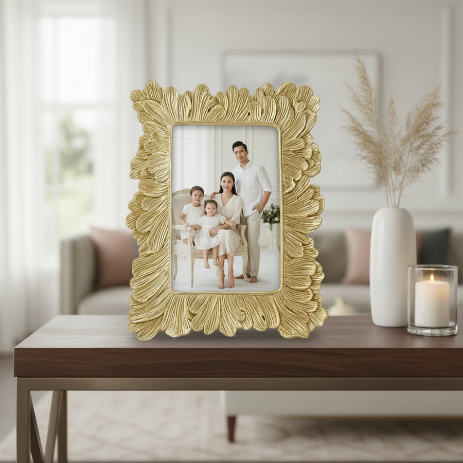 Coral Tree Golden Floral Photo Frame for Table Top | Decorative Designer Picture Frame | 16x11.5 cm Photo Size
