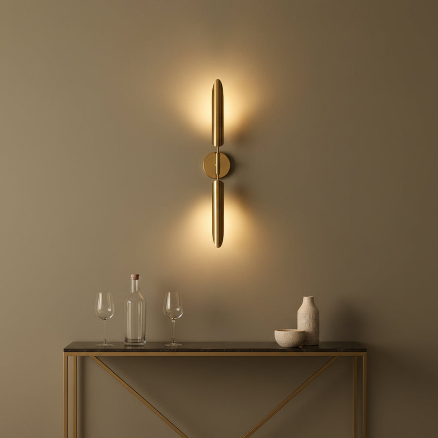 Modern Champagne Gold Dual Wall Light with 2×E27 Holders | Vertical Metal Up & Down Sconce