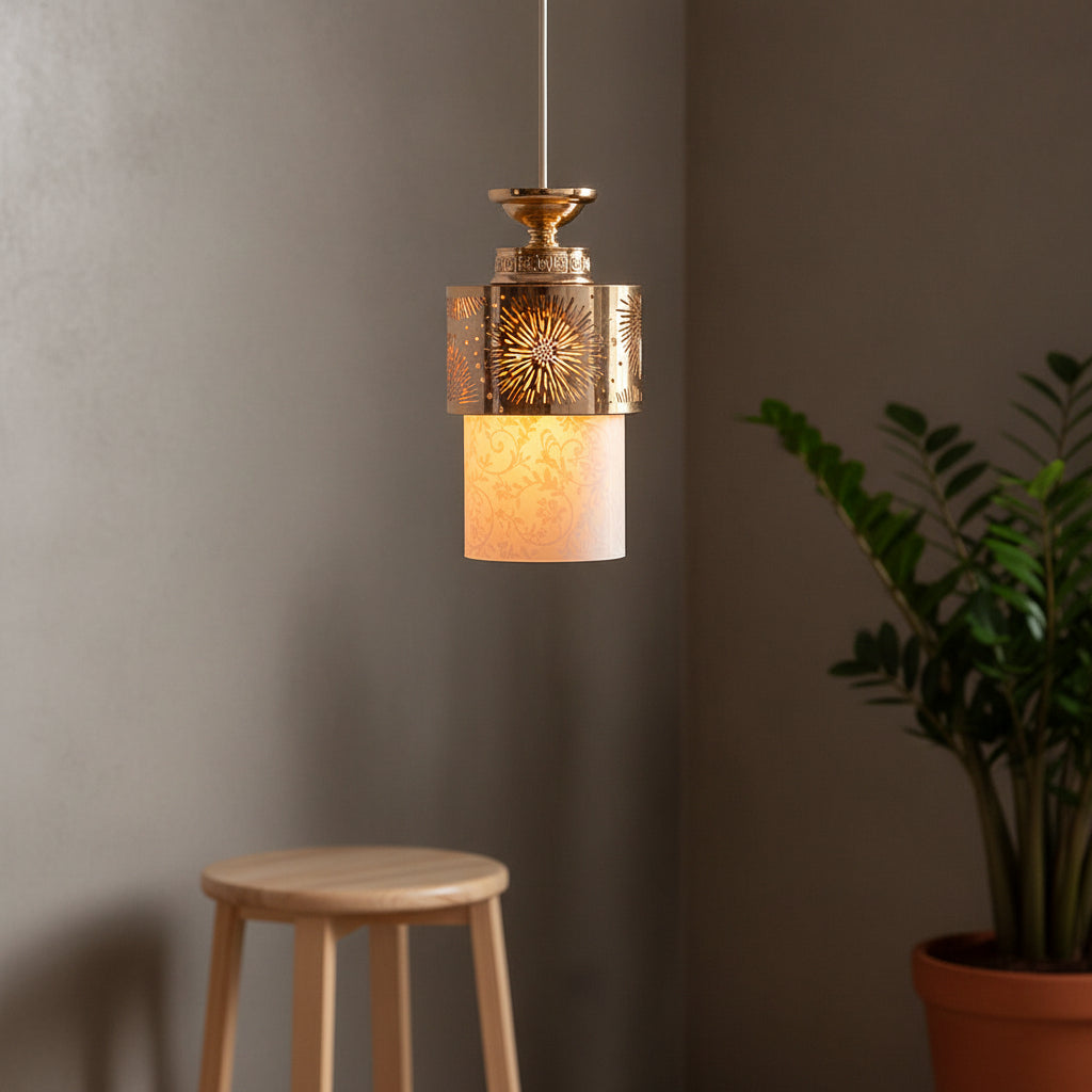 Modern Gold Cutwork Glass Pendant Light | Warm Ambient Hanging Ceiling Lamp for Living & Dining Spaces