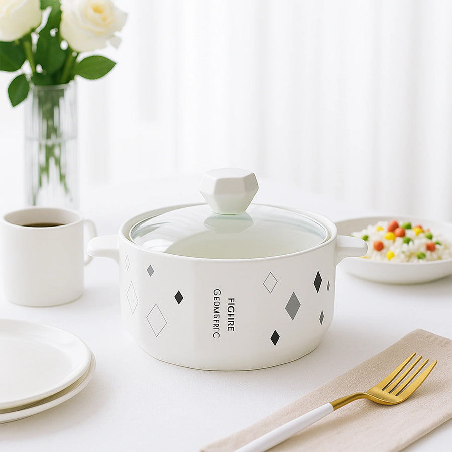 Coral Tree Ceramic Casserole Bowl with Lid | Geometric Printed Serving Pot | 20x15x12 cm | White