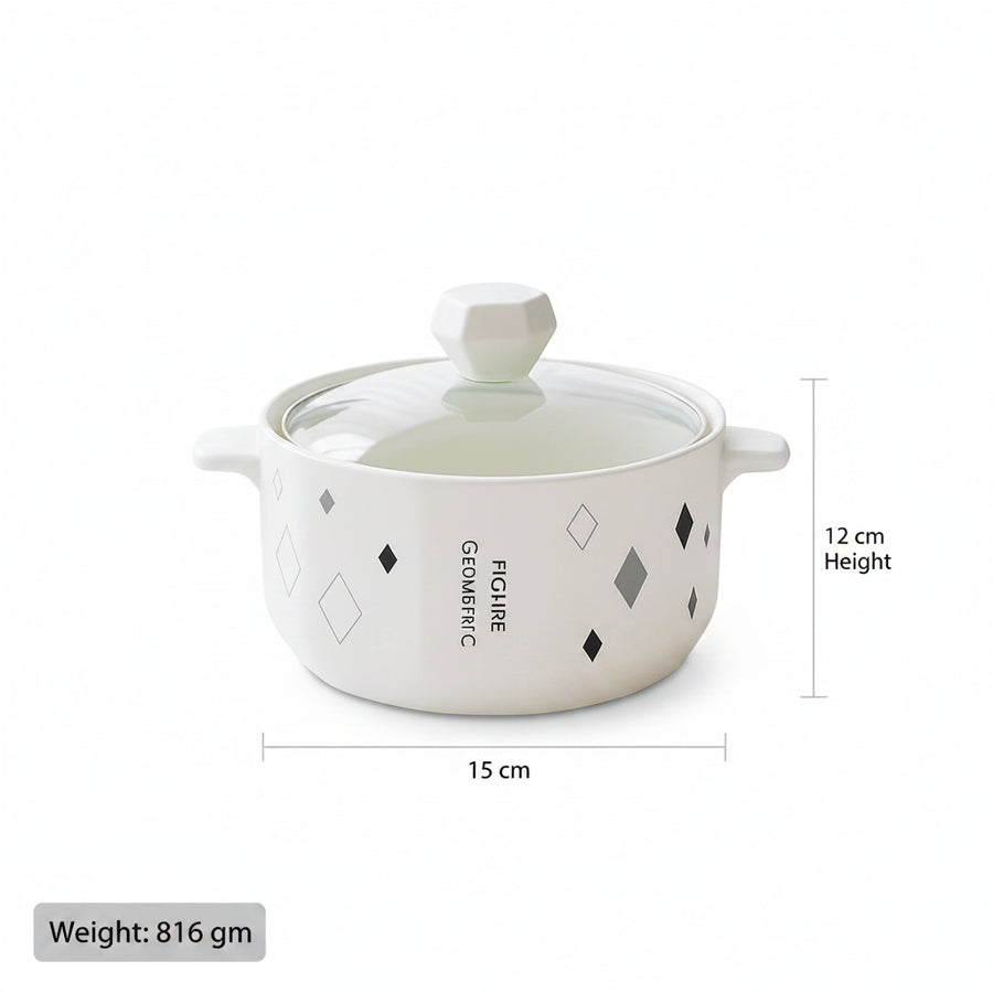 Coral Tree Ceramic Casserole Bowl with Lid | Geometric Printed Serving Pot | 20x15x12 cm | White