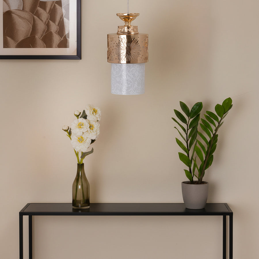 Modern Gold Cutwork Glass Pendant Light | Warm Ambient Hanging Ceiling Lamp for Living & Dining Spaces