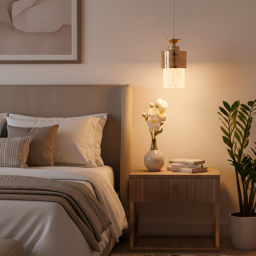 Modern Gold Cutwork Glass Pendant Light | Warm Ambient Hanging Ceiling Lamp for Living & Dining Spaces