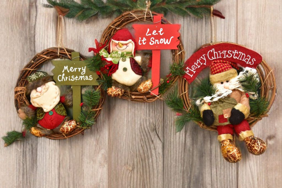 Christmas Wreath Pendant - 35CM Santa Claus Snowman Deer Wood Rattan Ring Xmas Hanging Decor