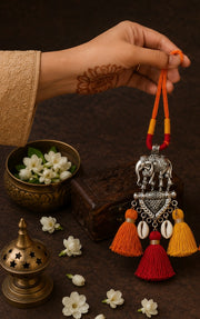 Handcrafted Elephant Tassel Lumba Rakhi – Traditional Bhai Bhabhi Rakhi Set
