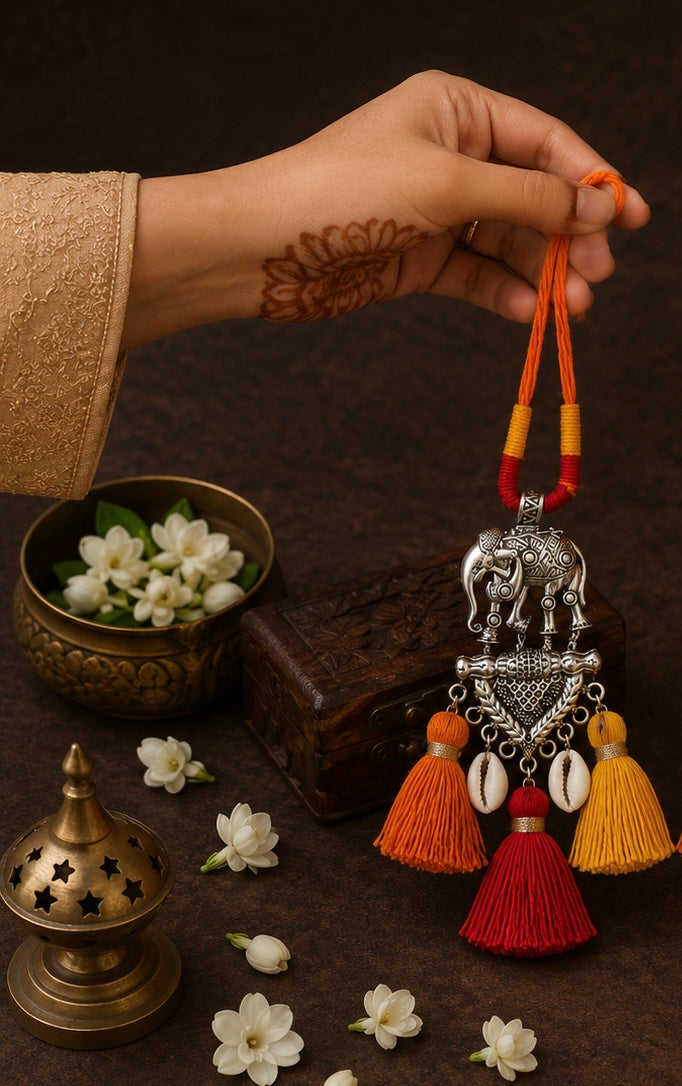 Handcrafted Elephant Tassel Lumba Rakhi – Traditional Bhai Bhabhi Rakhi Set