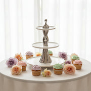 Premium 3-Tier Ceramic Serving Stand with Metallic Sculpted Base | Elegant Dessert & Cake Display Stand