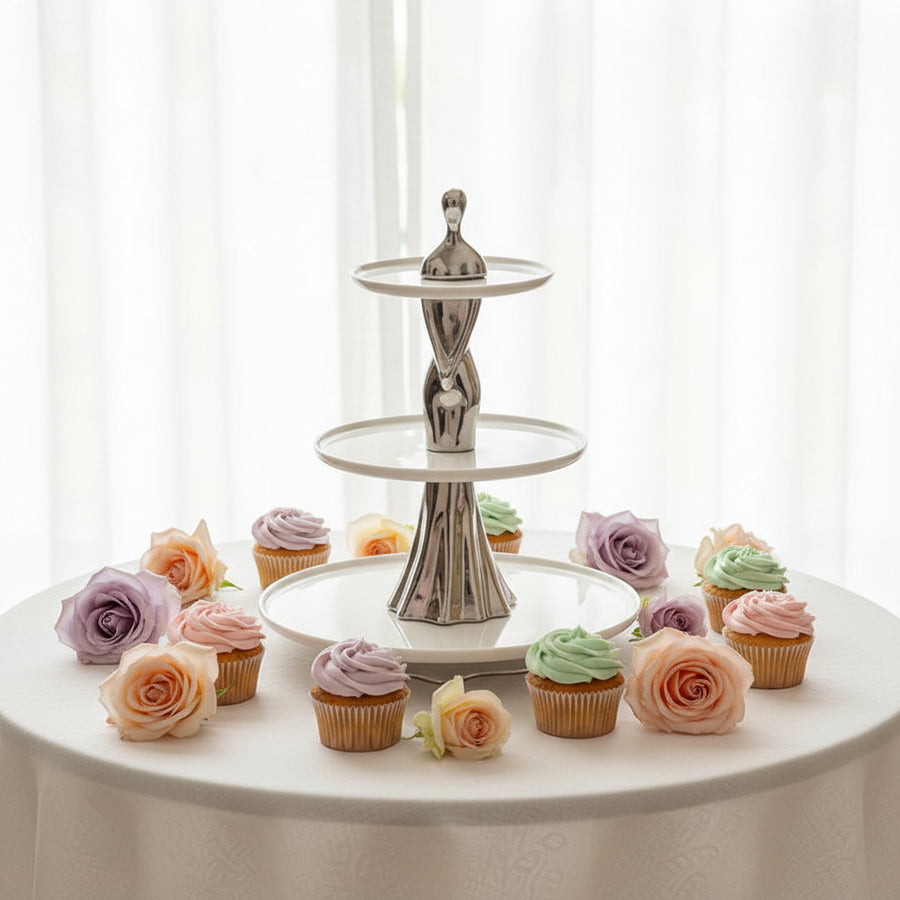 Premium 3-Tier Ceramic Serving Stand with Metallic Sculpted Base | Elegant Dessert & Cake Display Stand