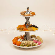 Premium 3-Tier Ceramic Serving Stand with Metallic Sculpted Base | Elegant Dessert & Cake Display Stand