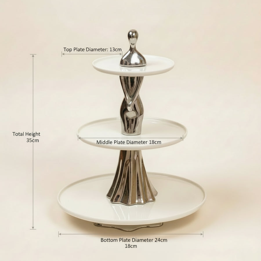 Premium 3-Tier Ceramic Serving Stand with Metallic Sculpted Base | Elegant Dessert & Cake Display Stand