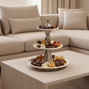 Premium 3-Tier Ceramic Serving Stand with Metallic Sculpted Base | Elegant Dessert & Cake Display Stand