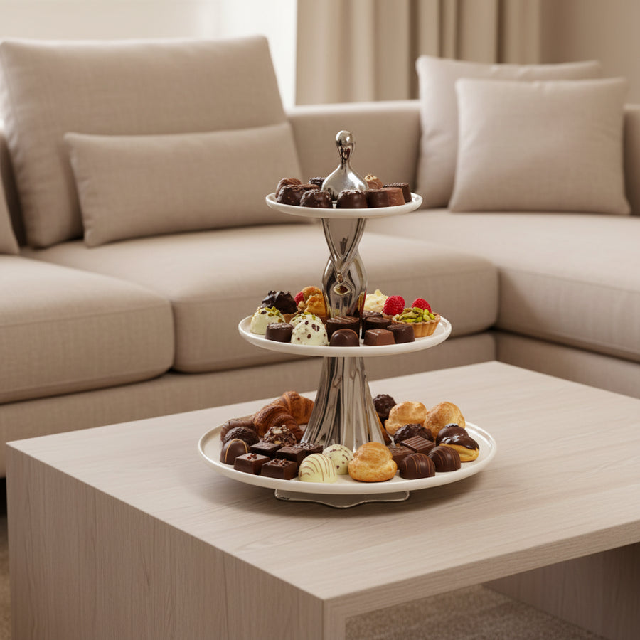 Premium 3-Tier Ceramic Serving Stand with Metallic Sculpted Base | Elegant Dessert & Cake Display Stand