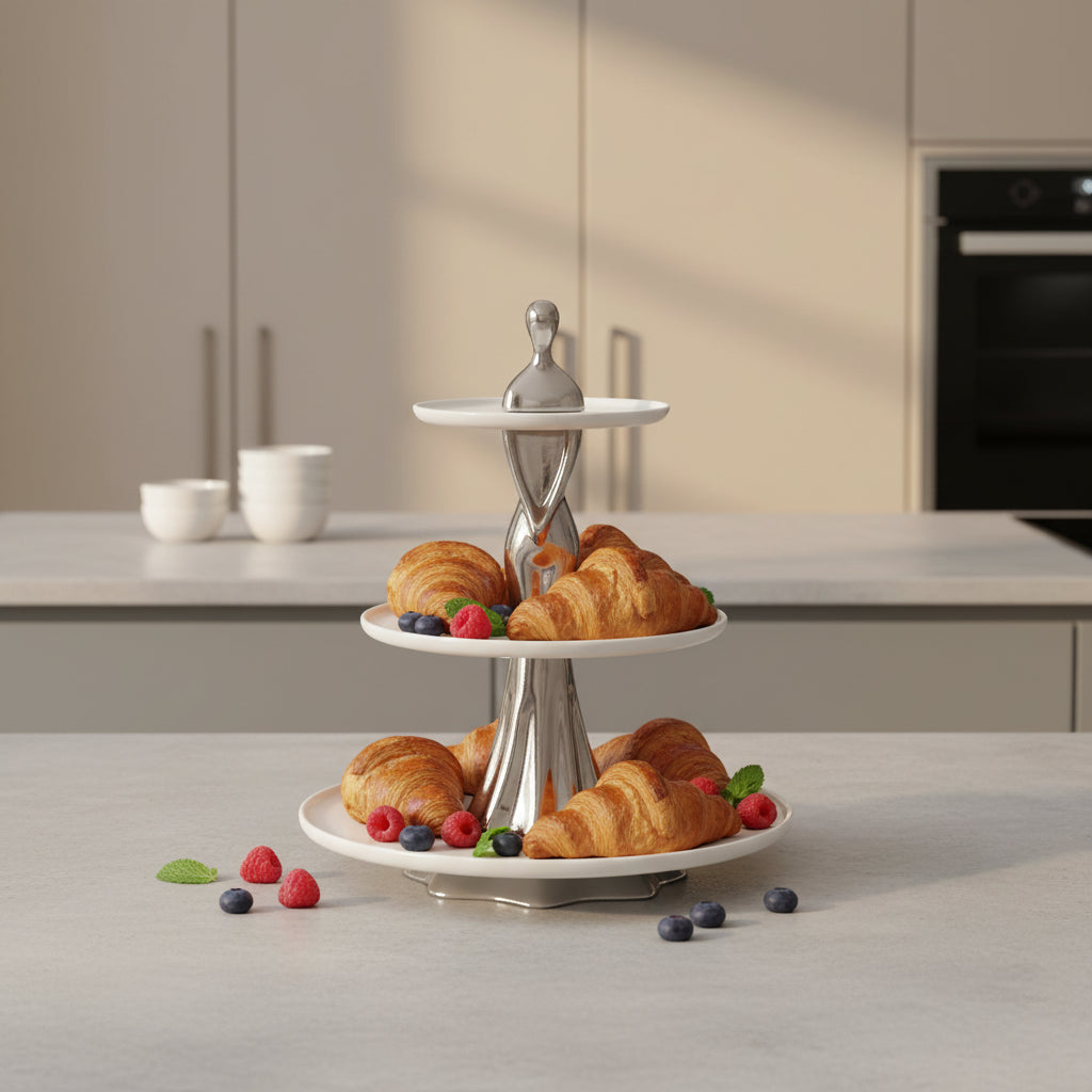 Premium 3-Tier Ceramic Serving Stand with Metallic Sculpted Base | Elegant Dessert & Cake Display Stand