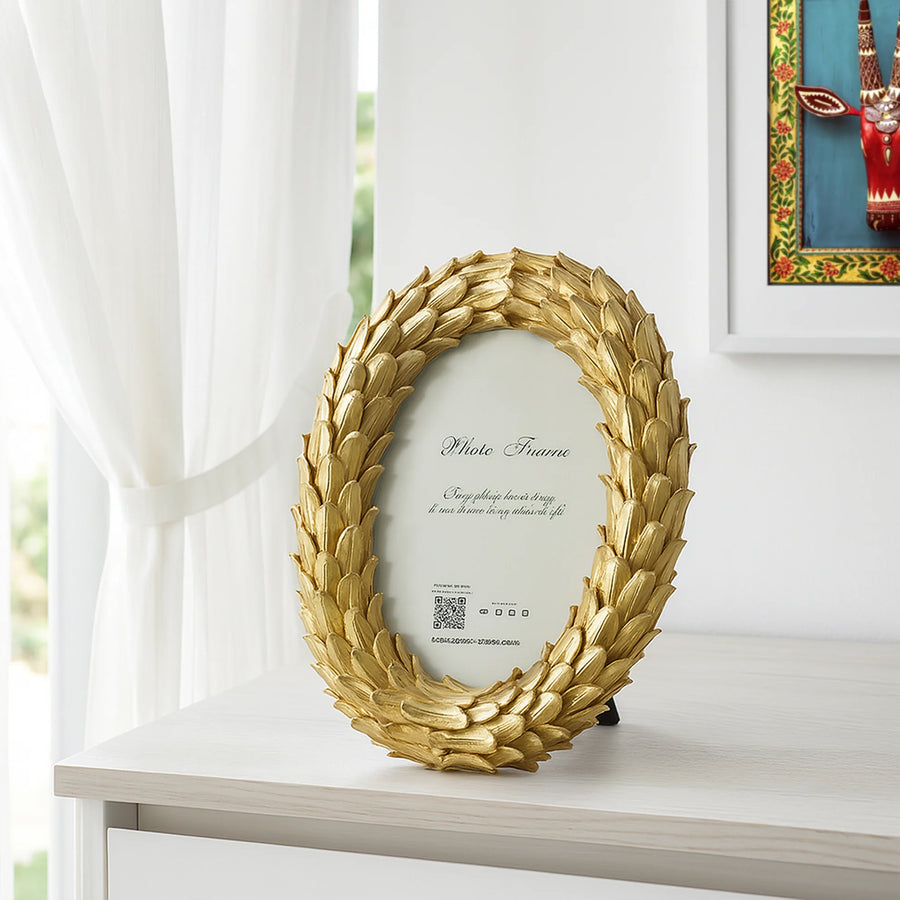 Coral Tree Golden Oval Photo Frame for Table Top | Decorative Leaf Design Picture Frame | 12x8 cm Photo Size
