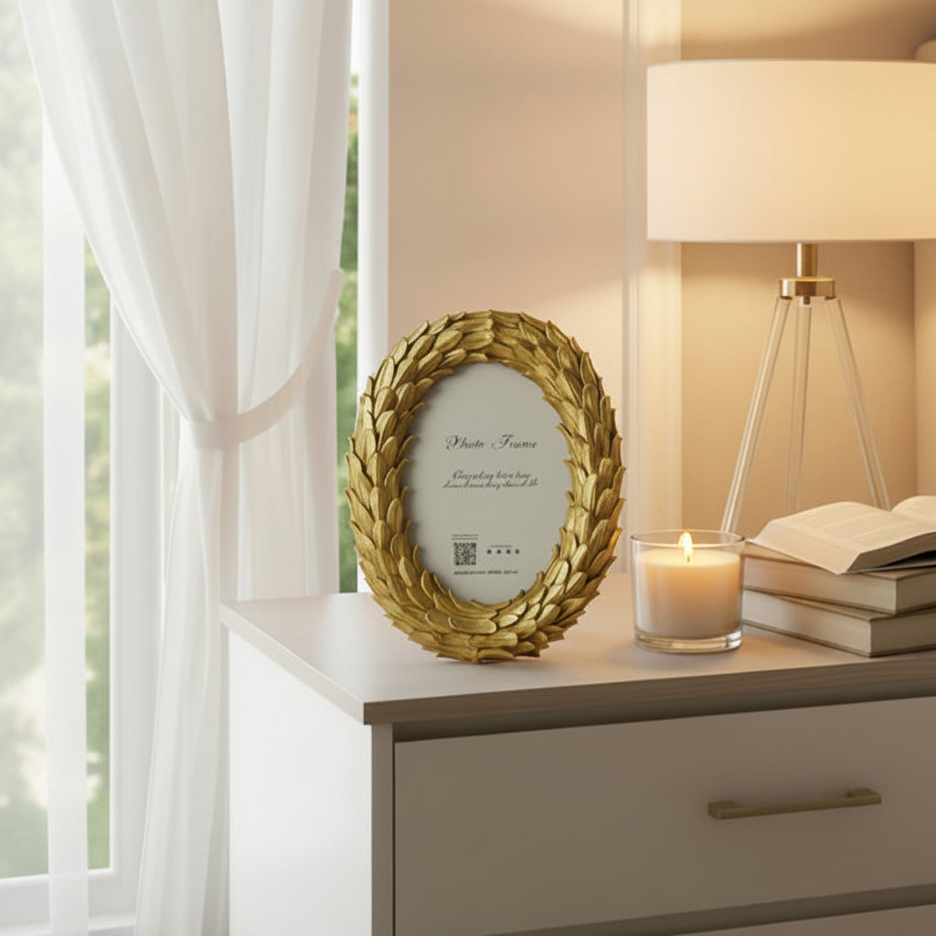 Coral Tree Golden Oval Photo Frame for Table Top | Decorative Leaf Design Picture Frame | 12x8 cm Photo Size