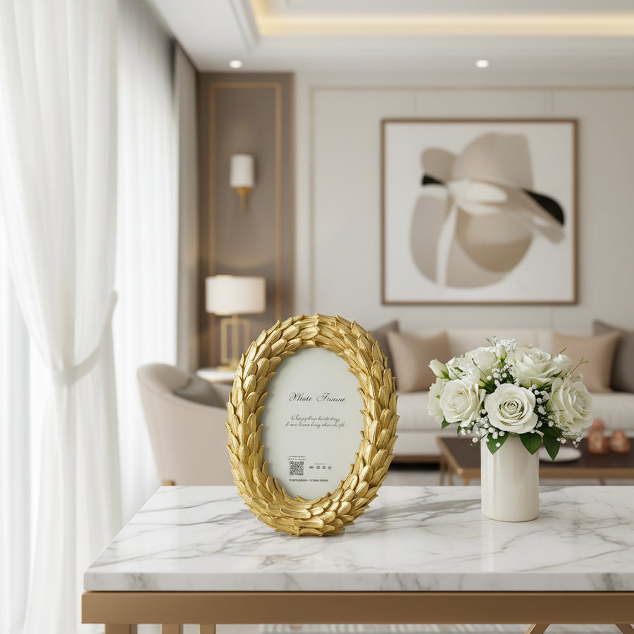 Coral Tree Golden Oval Photo Frame for Table Top | Decorative Leaf Design Picture Frame | 12x8 cm Photo Size