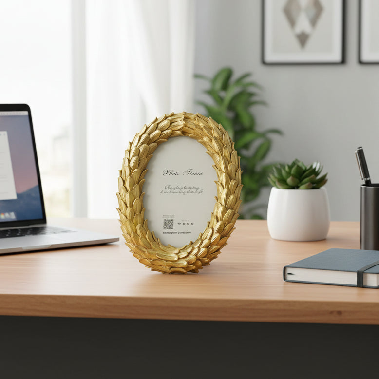Coral Tree Golden Oval Photo Frame for Table Top | Decorative Leaf Design Picture Frame | 12x8 cm Photo Size
