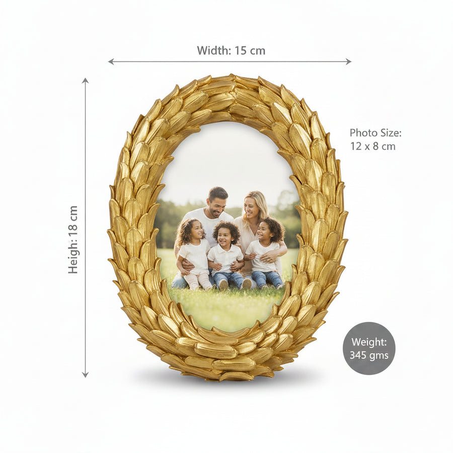 Coral Tree Golden Oval Photo Frame for Table Top | Decorative Leaf Design Picture Frame | 12x8 cm Photo Size
