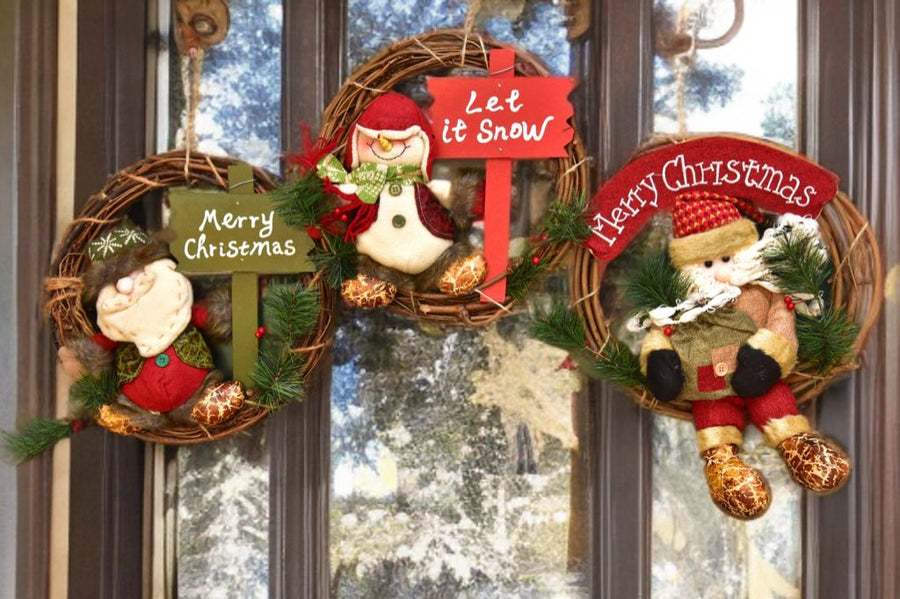 Christmas Wreath Pendant - 35CM Santa Claus Snowman Deer Wood Rattan Ring Xmas Hanging Decor
