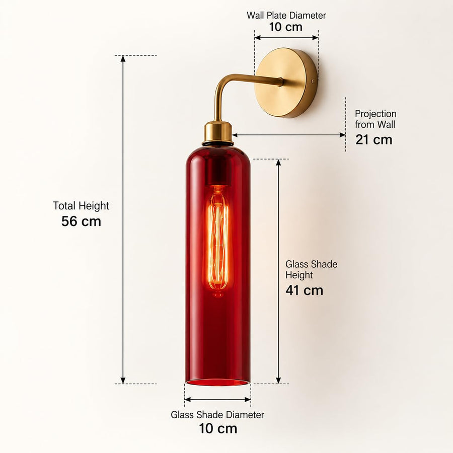 Modern Brass Wall Light with T30 Tube Bulb | Cylindrical Glass Designer Sconce | H56 × W10 × D21 cm | Warm Ambient Lighting