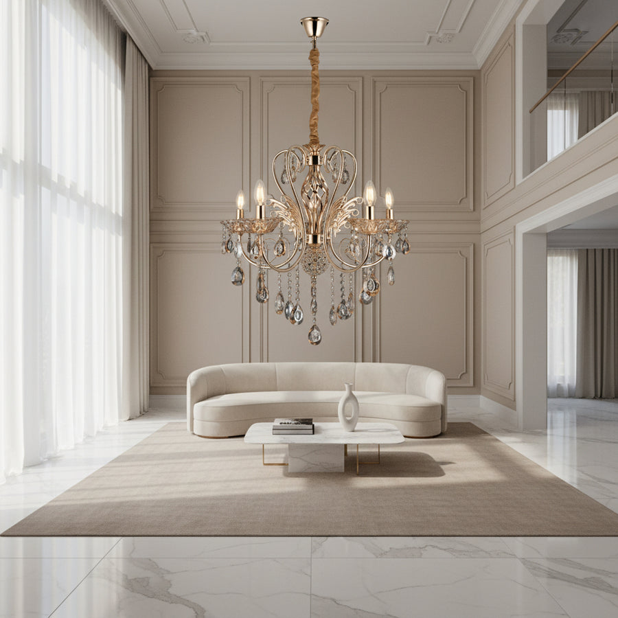 Luxury 5-Arm Crystal Chandelier | Gold Finish Ceiling Light | E14 Decorative Hanging Lamp for Living Room & Dining