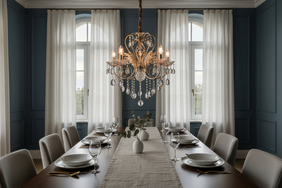 Luxury 5-Arm Crystal Chandelier | Gold Finish Ceiling Light | E14 Decorative Hanging Lamp for Living Room & Dining