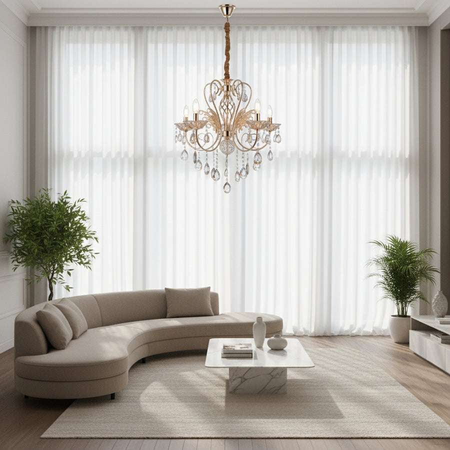 Luxury 5-Arm Crystal Chandelier | Gold Finish Ceiling Light | E14 Decorative Hanging Lamp for Living Room & Dining