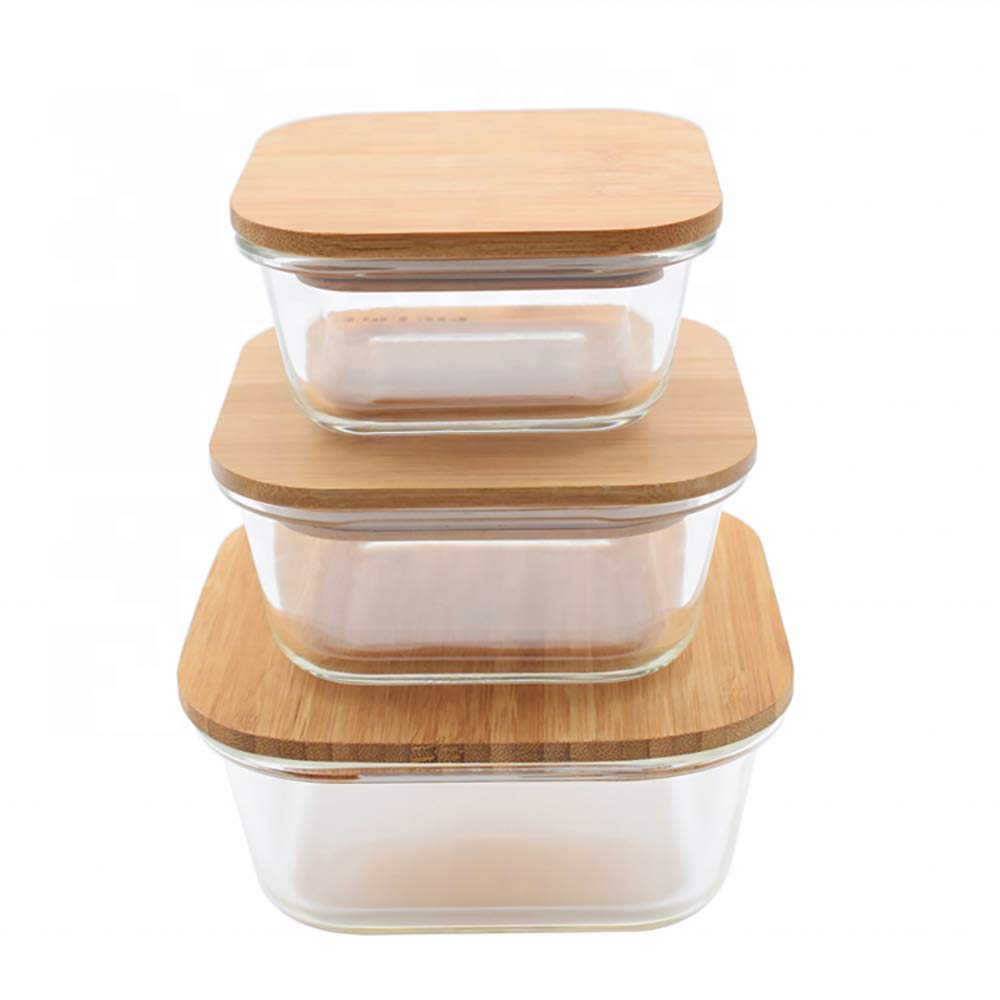 Square Glass Food Storage Container with Bamboo Lid