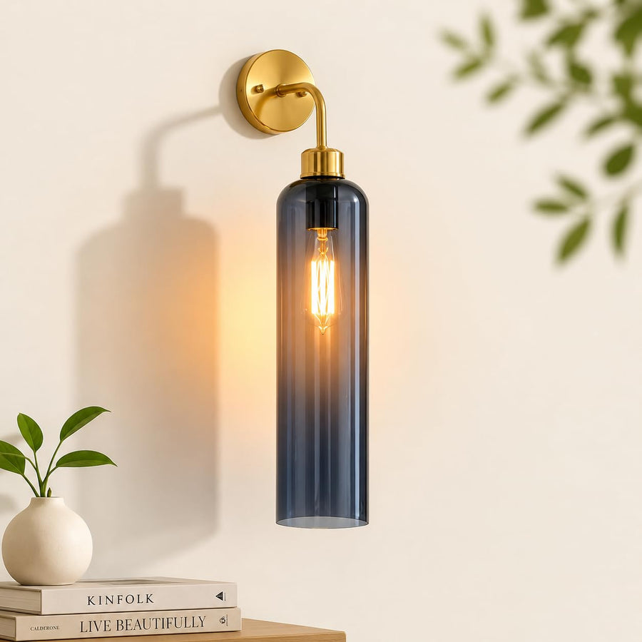 Modern Brass Wall Light with Smoke Blue Glass | T30 Tube Bulb | H56 × W10 × D21 cm