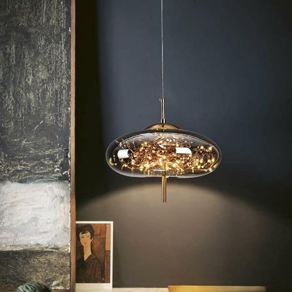 LED Fairy Big Smokey Glass Gold Pendant Ceiling Light - Warm White