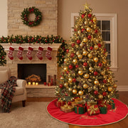 Coral Tree Red Velvet Christmas Tree Skirt with Golden Trim & Embroidery