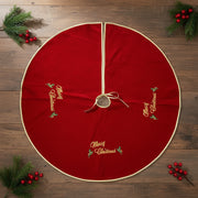 Coral Tree Red Velvet Christmas Tree Skirt with Golden Trim & Embroidery