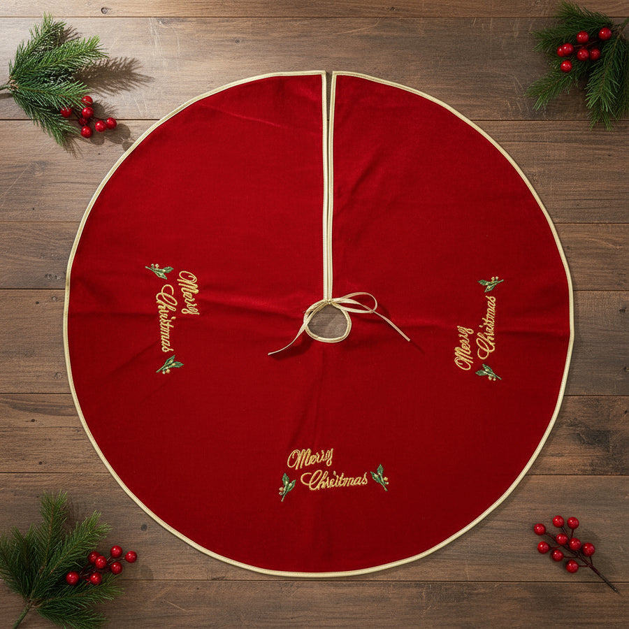 Coral Tree Red Velvet Christmas Tree Skirt with Golden Trim & Embroidery